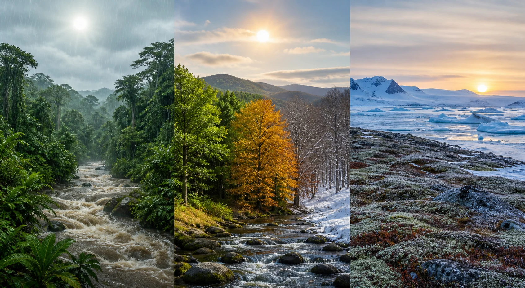 Tres paisajes comparados: selva ecuatorial lluviosa, bosque templado con estaciones y tundra polar con hielo y vegetación baja.
