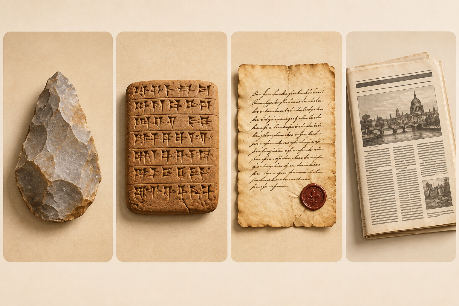 Cuatro tarjetas, ordenadas de izquierda a derecha, muestran una herramienta de piedra, una tablilla de arcilla, una carta manuscrita y un periódico impreso.