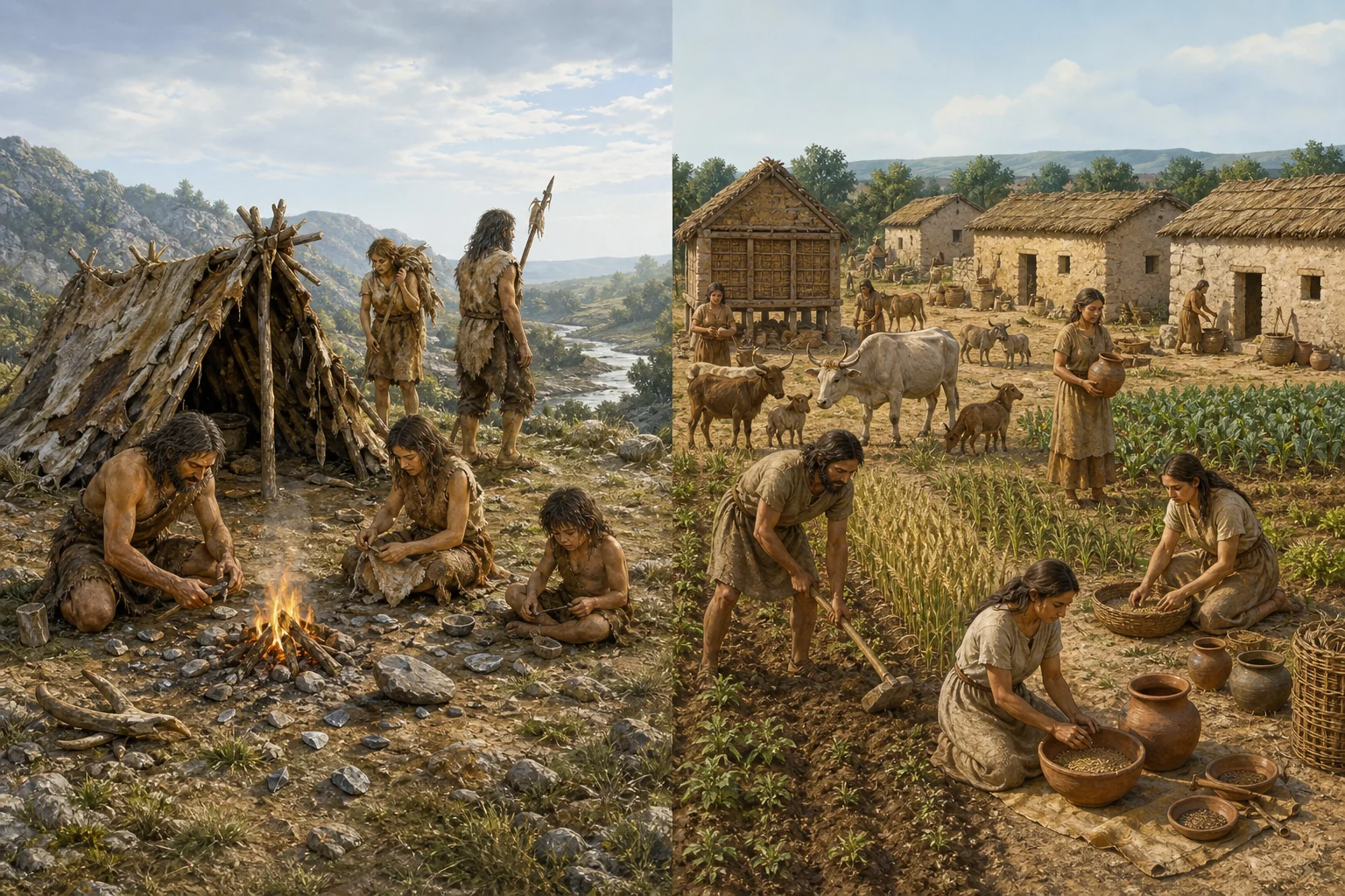 Comparación entre un campamento paleolítico móvil y un poblado neolítico con casas, cultivos, animales, granero y cerámica.