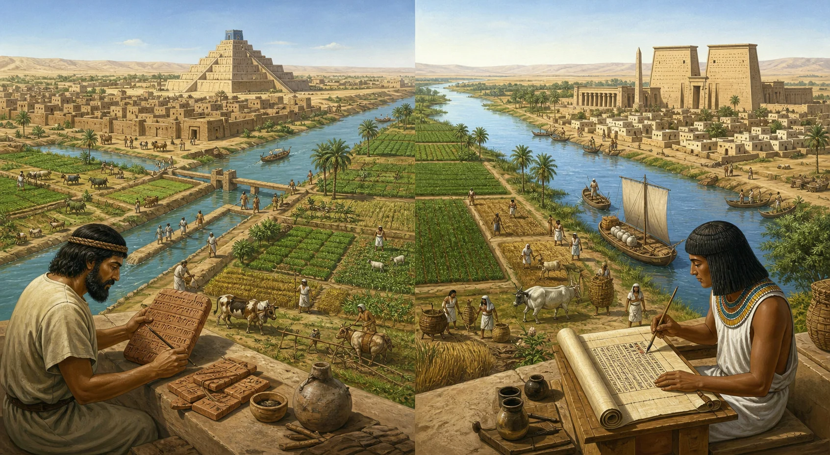 Comparación de Mesopotamia y Egipto con ríos, canales, campos, ciudades, edificios monumentales, transporte y escribas sobre arcilla y papiro.