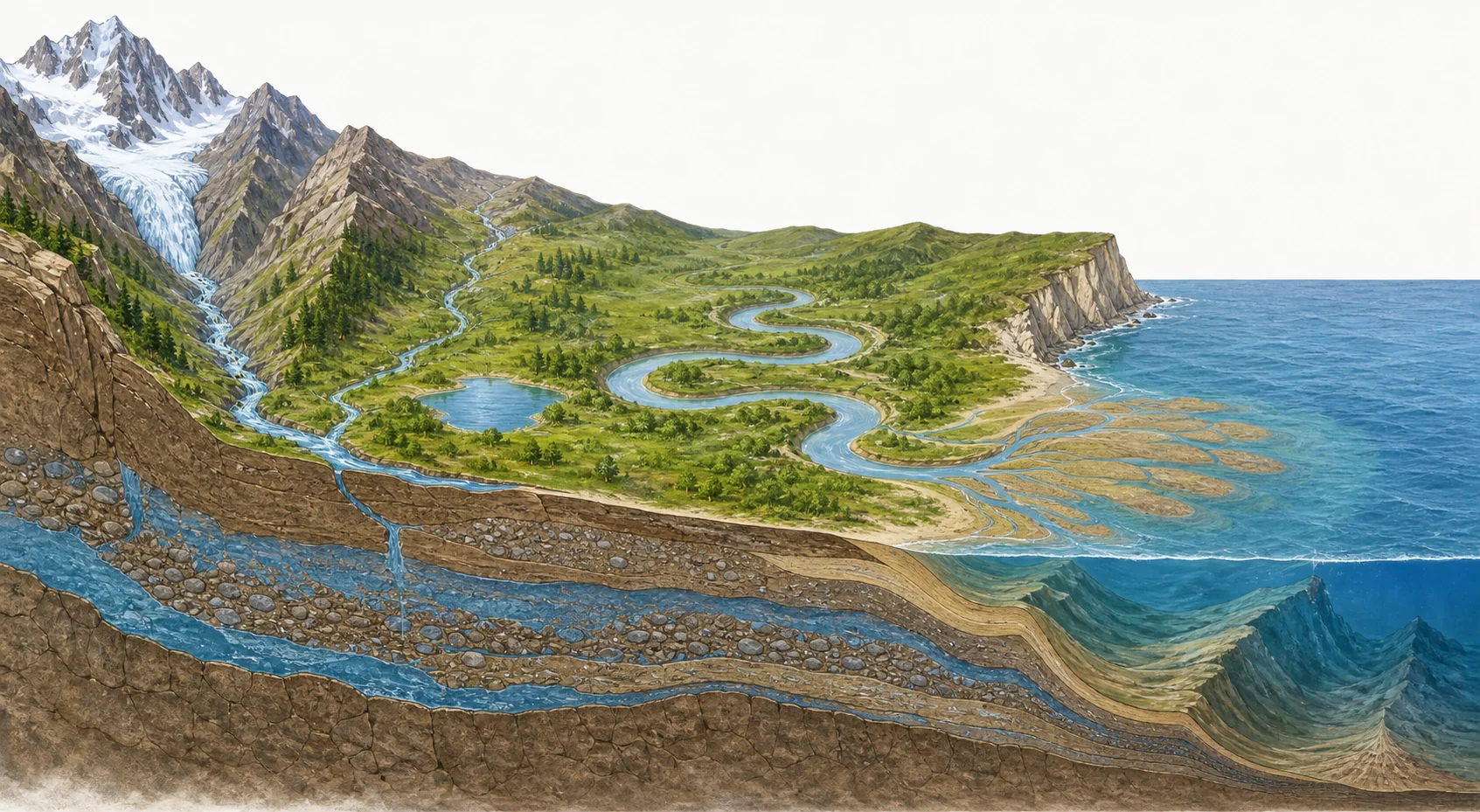 Corte de paisaje con glaciar, río y afluentes, lago, meandros, delta, acantilado, acuífero y fondo marino.
