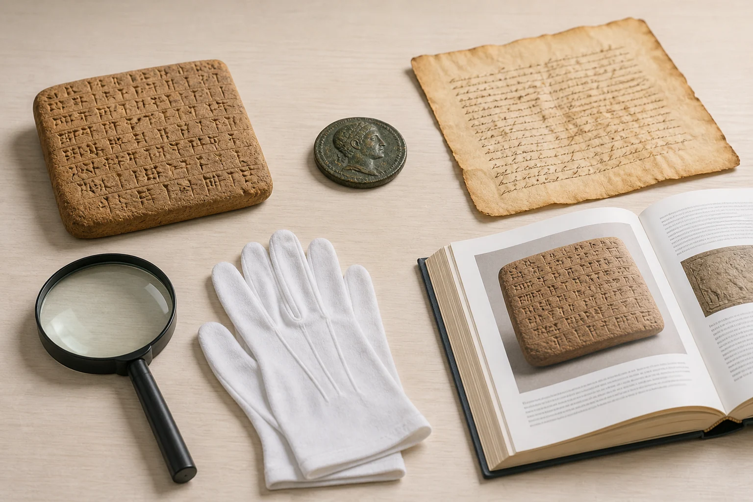 Mesa con tablilla de arcilla, moneda, carta antigua, lupa, guantes y libro moderno que reproduce y estudia la tablilla.