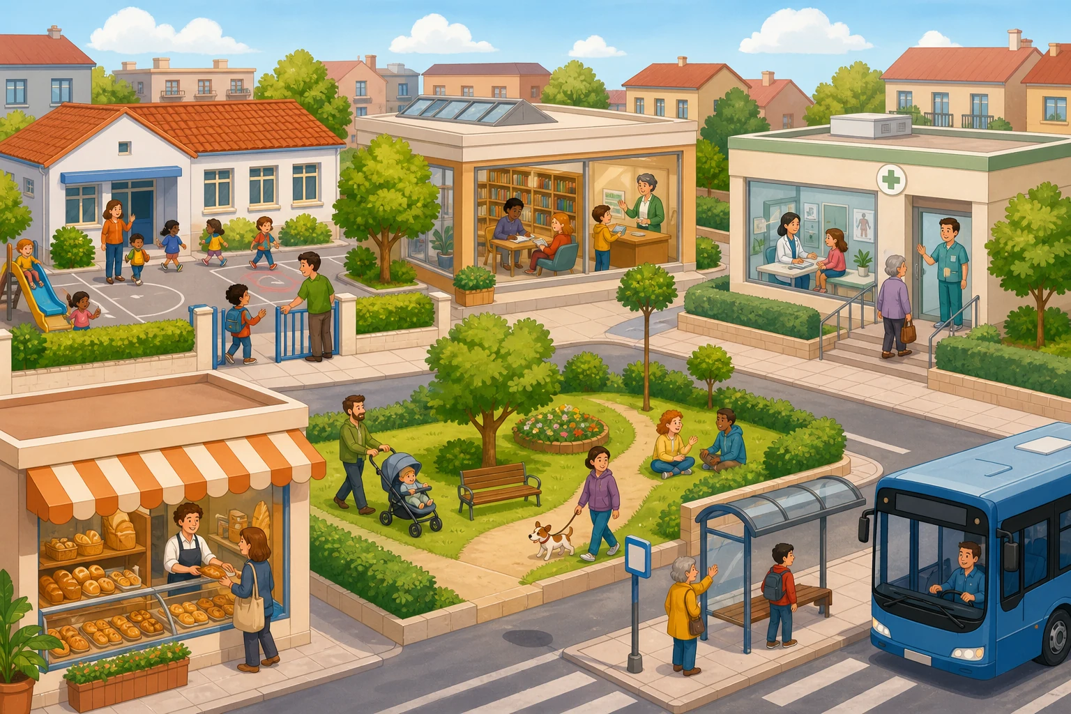 Vista de un barrio con colegio, biblioteca, centro de salud, panadería, parque y parada de autobús, con personas realizando distintas tareas.