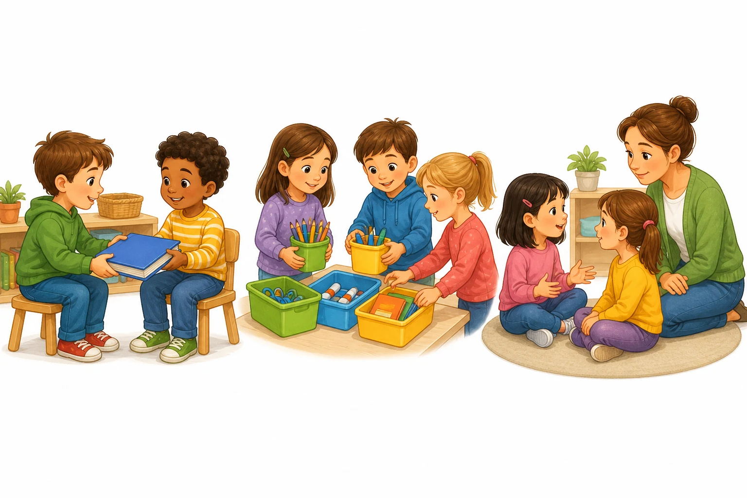 Tres escenas muestran a niños turnándose un libro, repartiendo materiales y dialogando con una maestra cerca.
