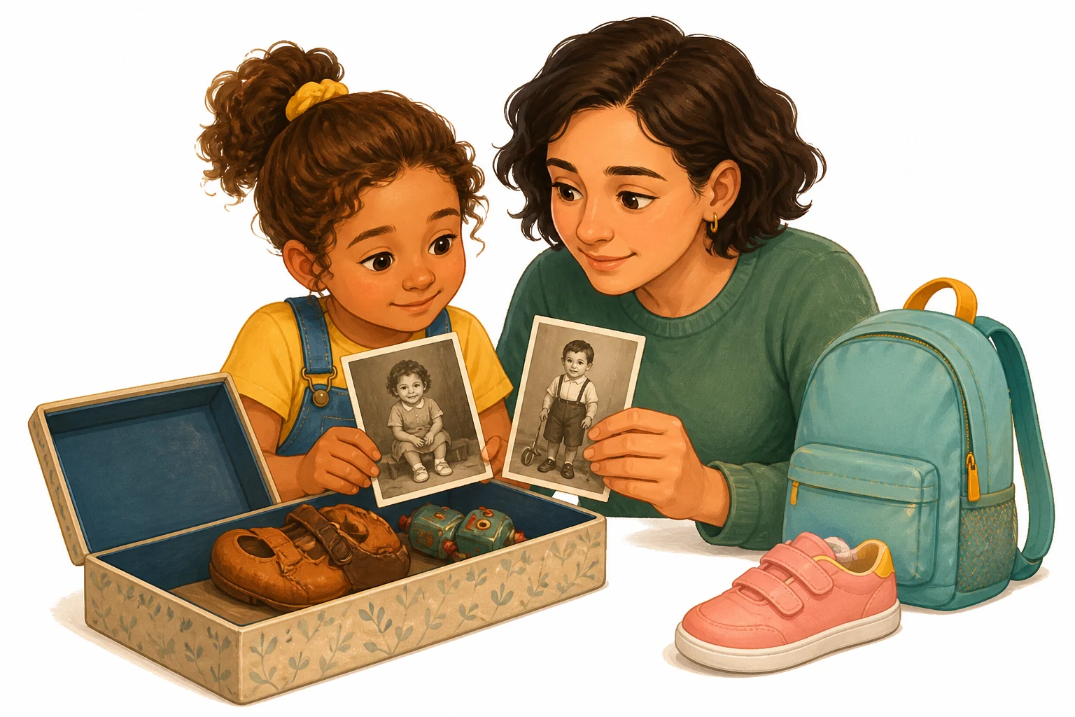 Una niña y una persona adulta observan fotografías, un juguete y un zapato pequeño guardados en una caja, junto a objetos actuales.