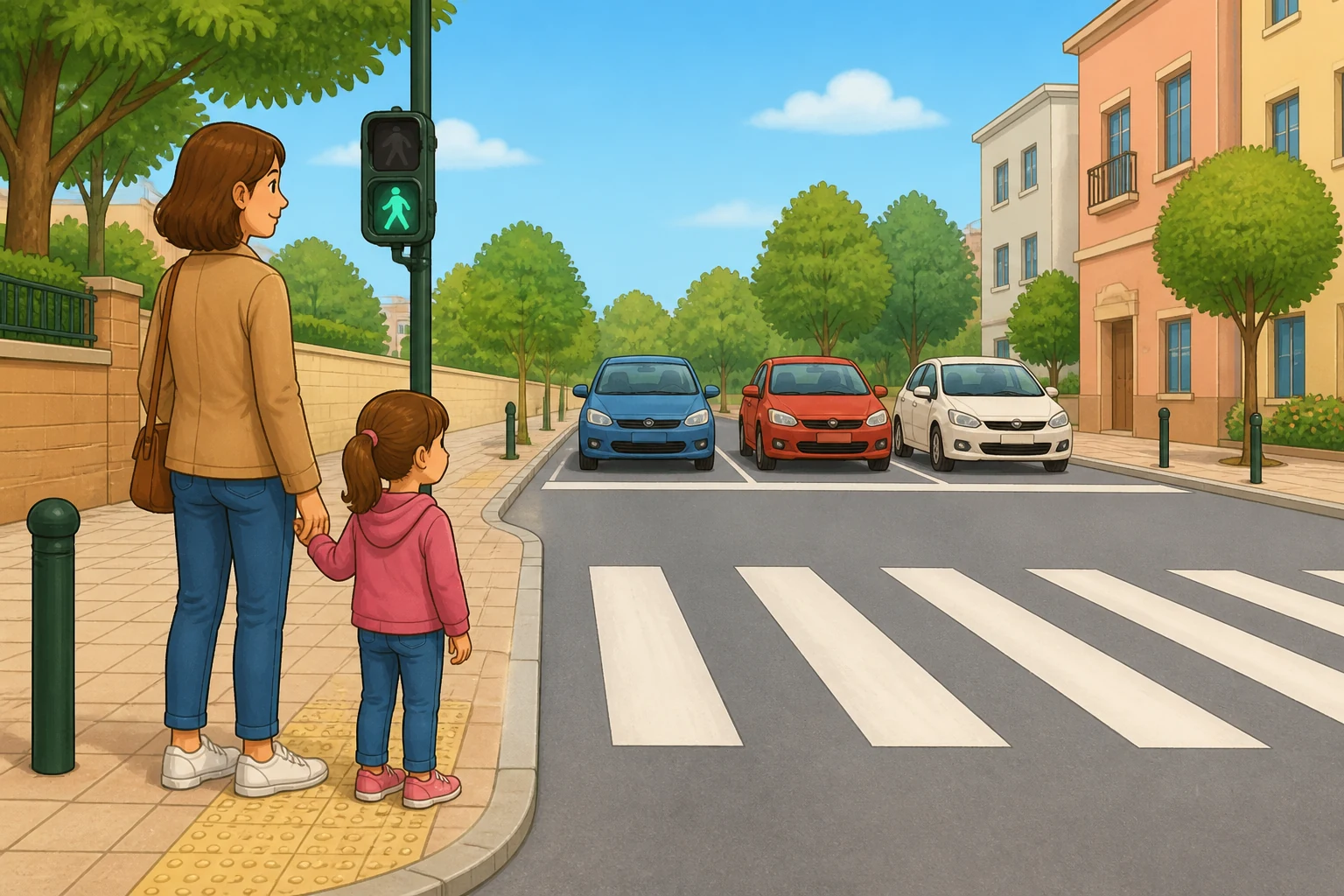 Una niña y una persona adulta esperan en la acera ante un paso de peatones; el semáforo peatonal está verde y tres coches permanecen detenidos lejos del paso.