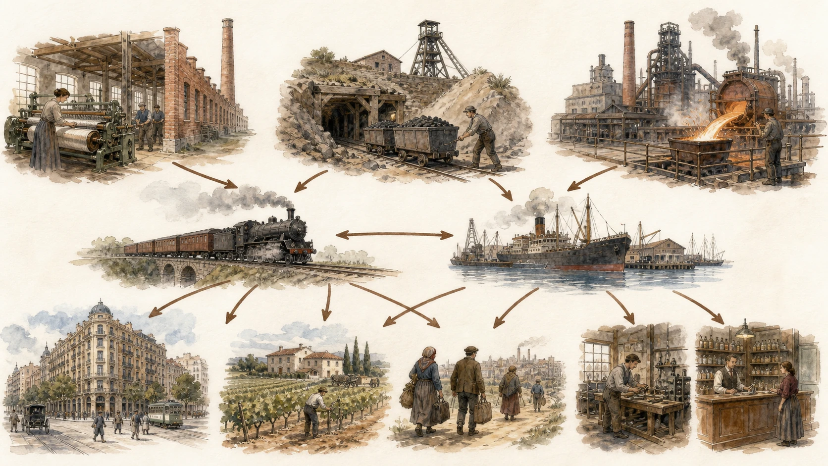 Red de fábricas textiles y siderúrgicas, minería, puerto, ferrocarril, agricultura, ciudad y migración entre campo y núcleos urbanos.