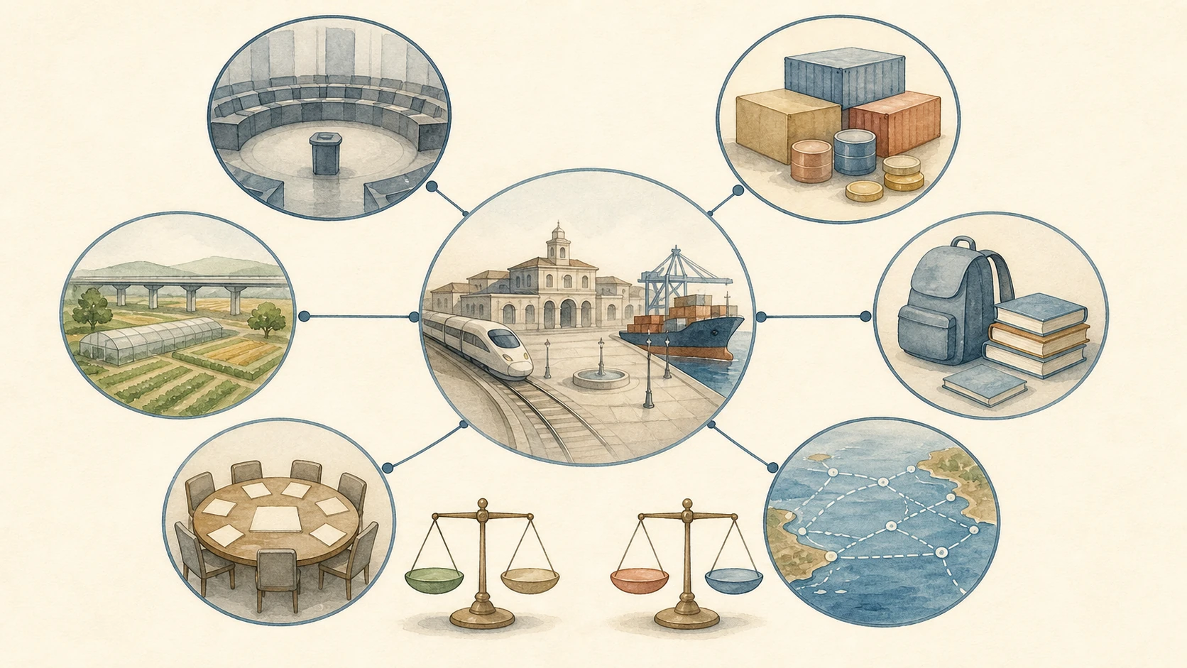 Un nodo con plaza, tren y puerto conecta una cámara común, comercio y monedas, movilidad educativa, agricultura e infraestructura, diplomacia y redes marítimas; dos balanzas recuerdan costes y beneficios.