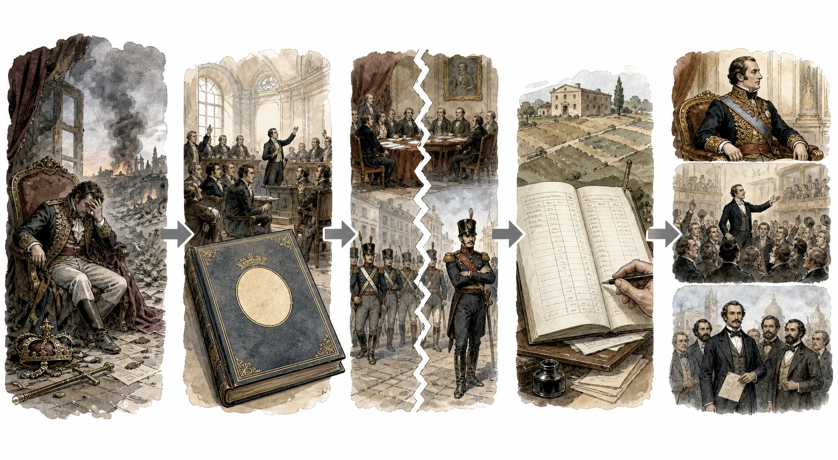 Secuencia ilustrada desde la crisis de la monarquía y unas Cortes constituyentes hasta conflicto militar, reforma de la propiedad y alternativas monárquicas y republicanas.