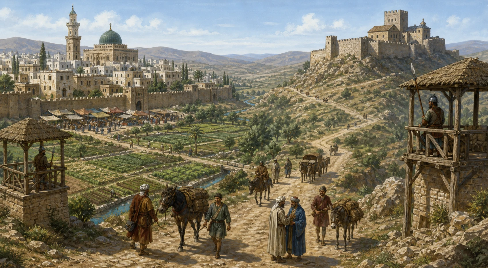 Ciudad andalusí amurallada con huertas irrigadas frente a una fortaleza cristiana, unidas por un camino con viajeros, mercancías y puestos de vigilancia.