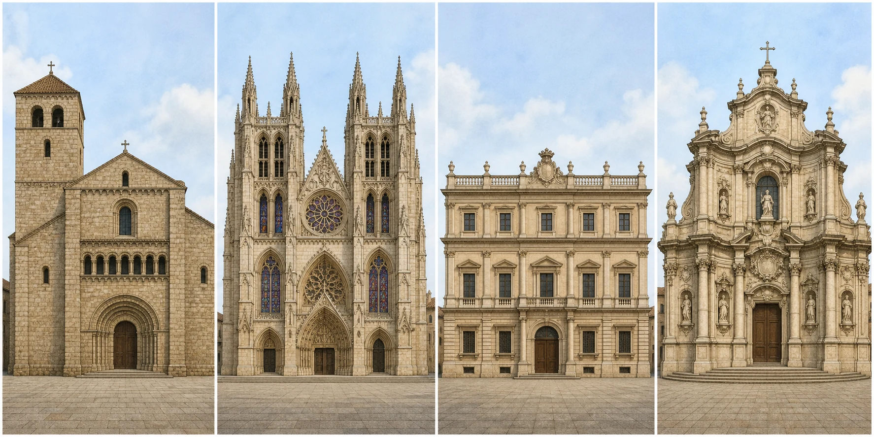 Cuatro fachadas a escala comparable: iglesia románica maciza, catedral gótica elevada, palacio renacentista simétrico e iglesia barroca curva y teatral.