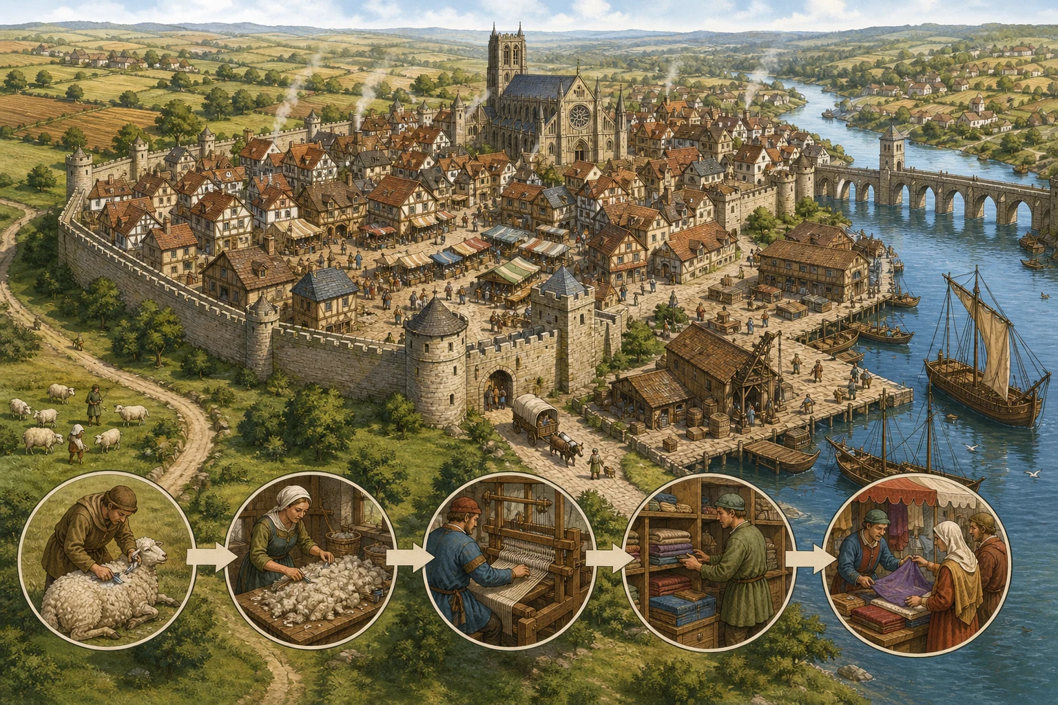 Ciudad medieval amurallada con mercado, taller, almacén, puerto y puente; en primer plano, secuencia de oveja, lana, telar, paños y venta.