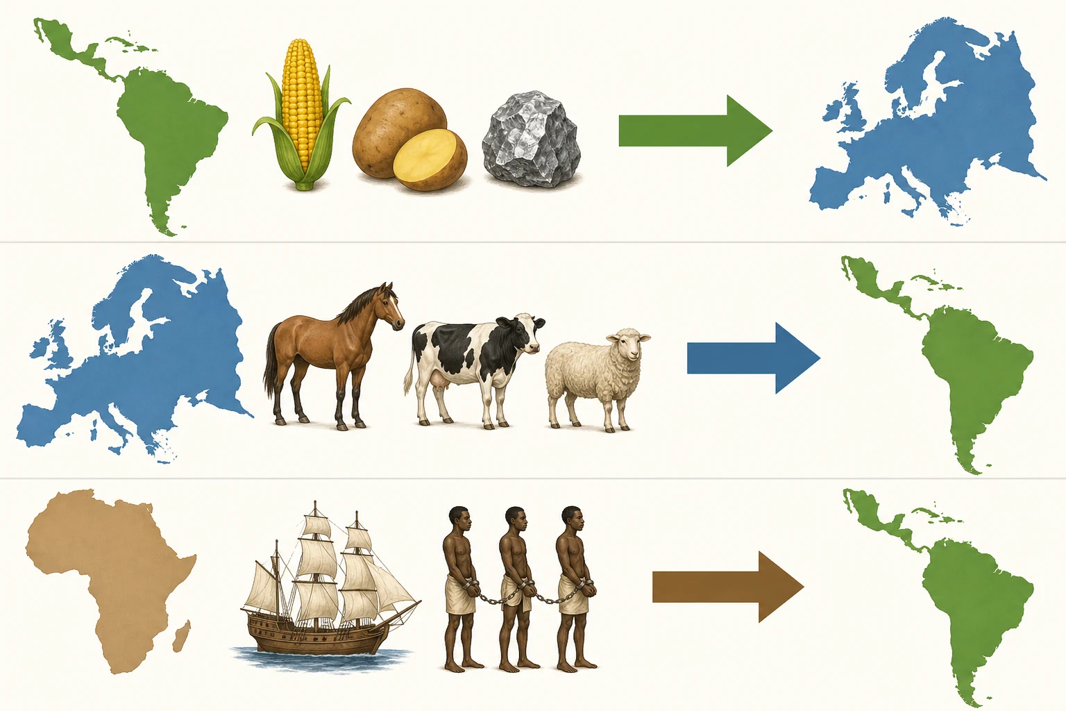 Mapa atlántico simplificado con flujos separados de plantas y plata desde América a Europa, ganado desde Europa a América y deportación esclavista desde África a América.