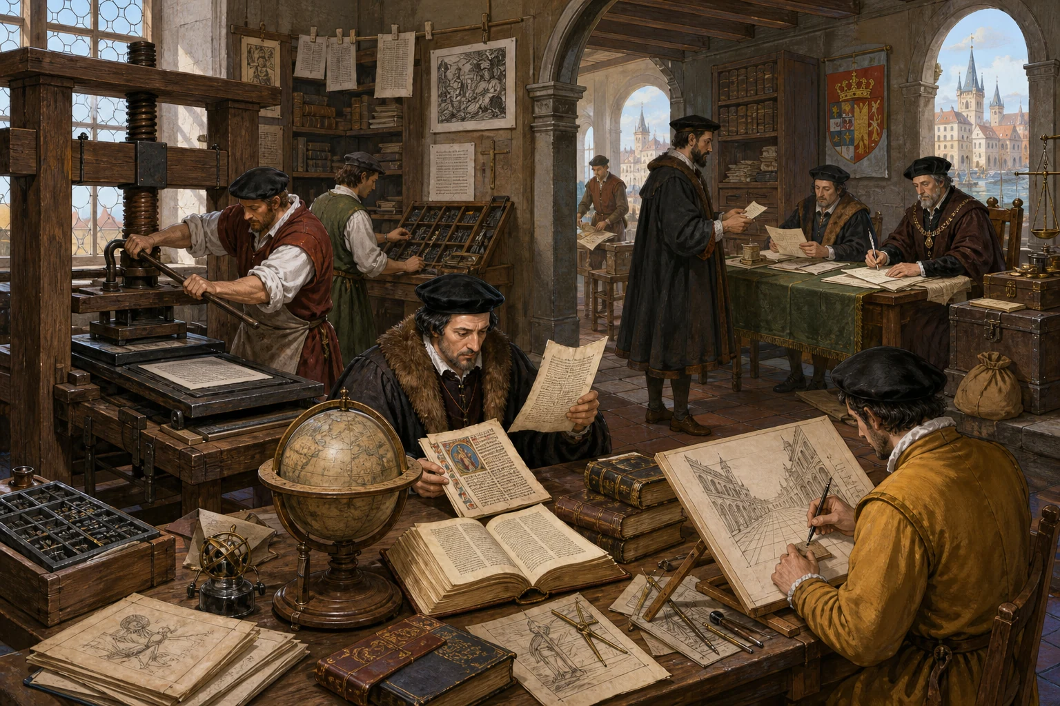 Taller del siglo XVI con impresor, humanista que compara textos, artista que dibuja perspectiva y funcionarios que gestionan cartas e impuestos.