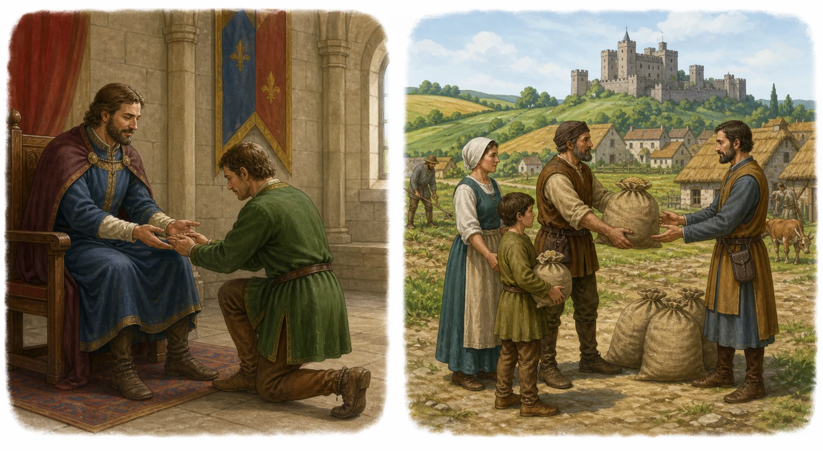 A la izquierda, homenaje de un vasallo arrodillado ante un señor; a la derecha, familia campesina entregando sacos de grano en un señorío con aldea, campos y castillo.
