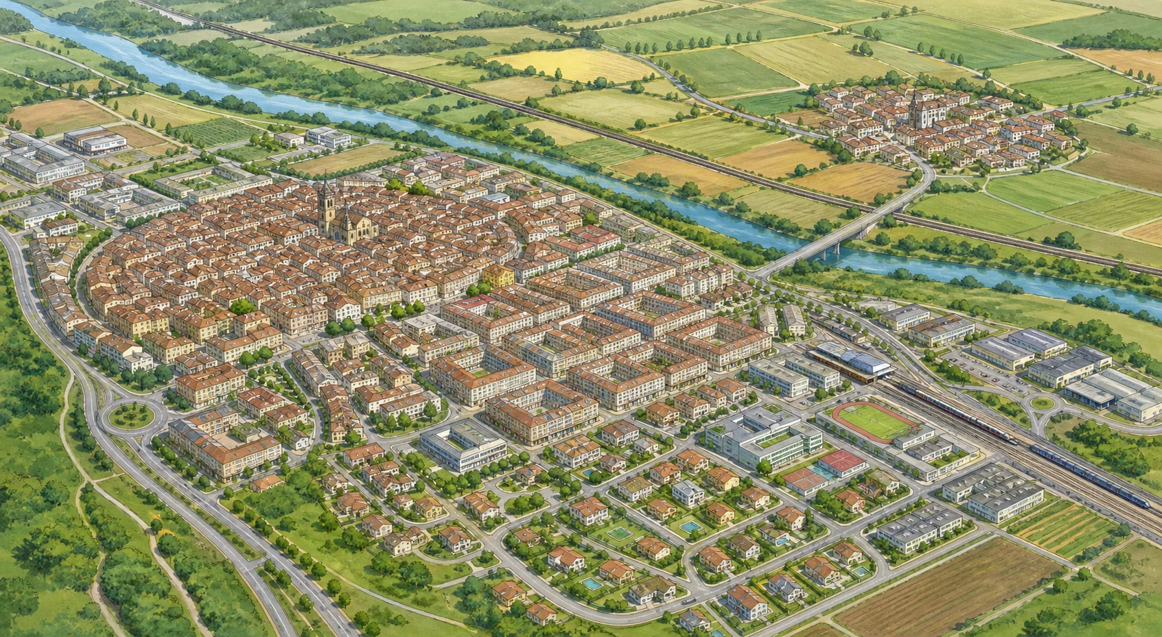 Vista territorial con casco histórico compacto, ensanche regular, periferia reciente, red de transporte, pueblo rural y campos conectados con la ciudad.
