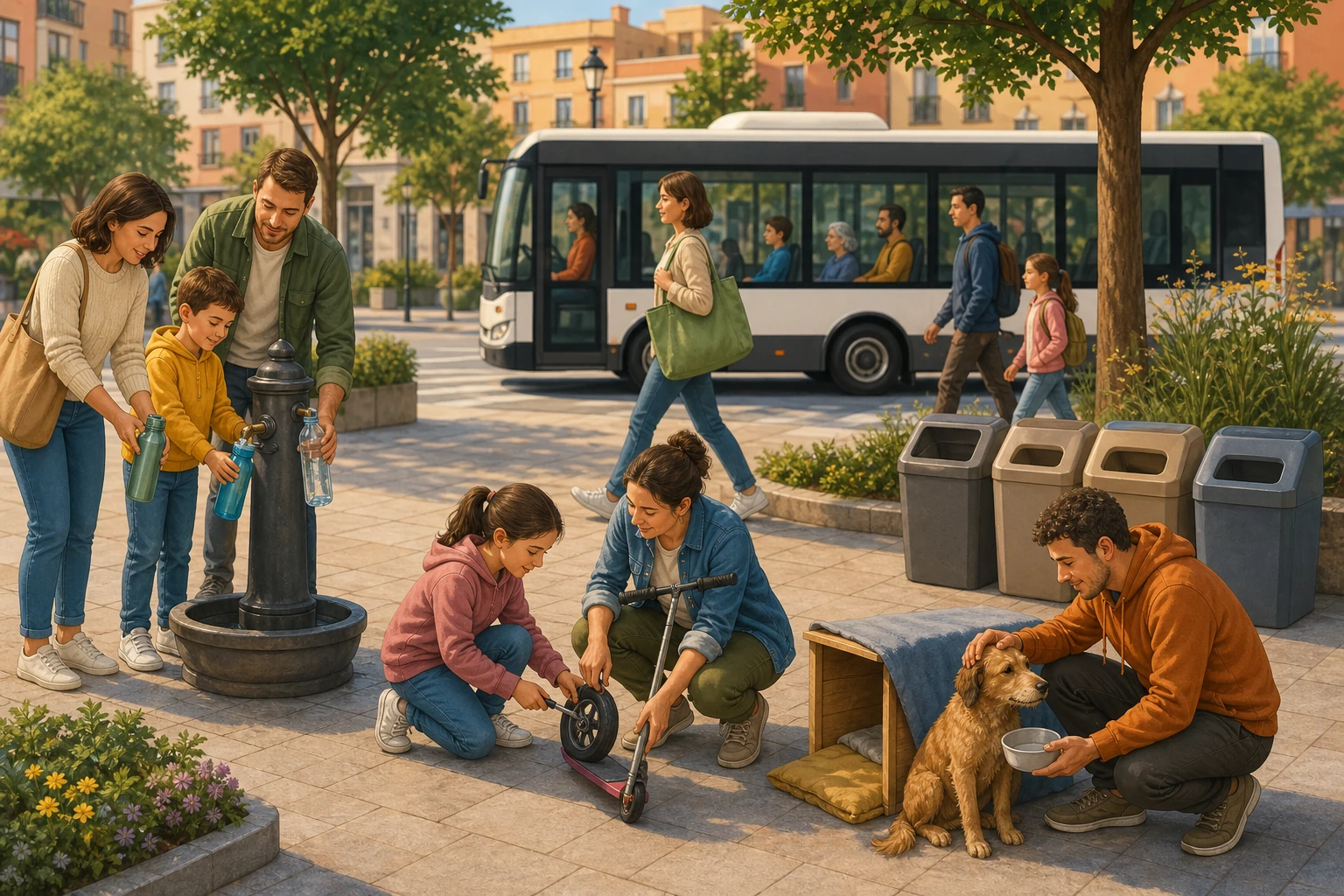 Una plaza muestra botellas reutilizables llenándose en una fuente, reparación de un patinete con ayuda adulta, una bolsa duradera, peatones, un autobús con pasajeros, recipientes de separación neutros y cuidado de un perro con agua y refugio.
