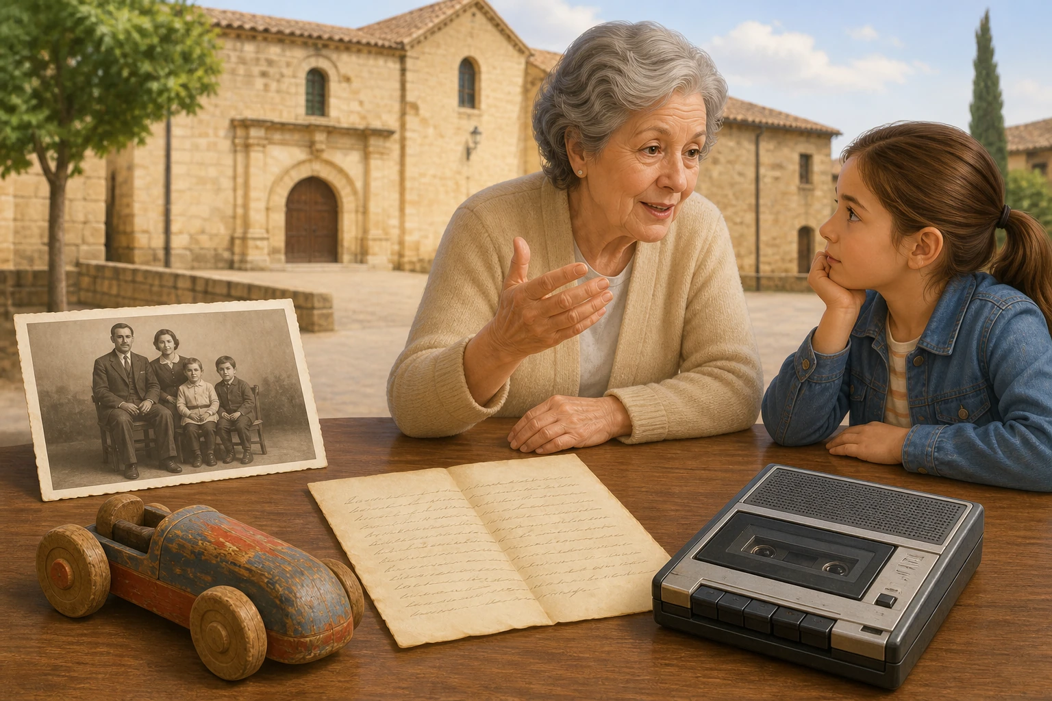 Una niña escucha a una mujer mayor ante una mesa con una fotografía antigua, una carta, un coche de juguete de madera y una grabadora; detrás aparece un edificio histórico.