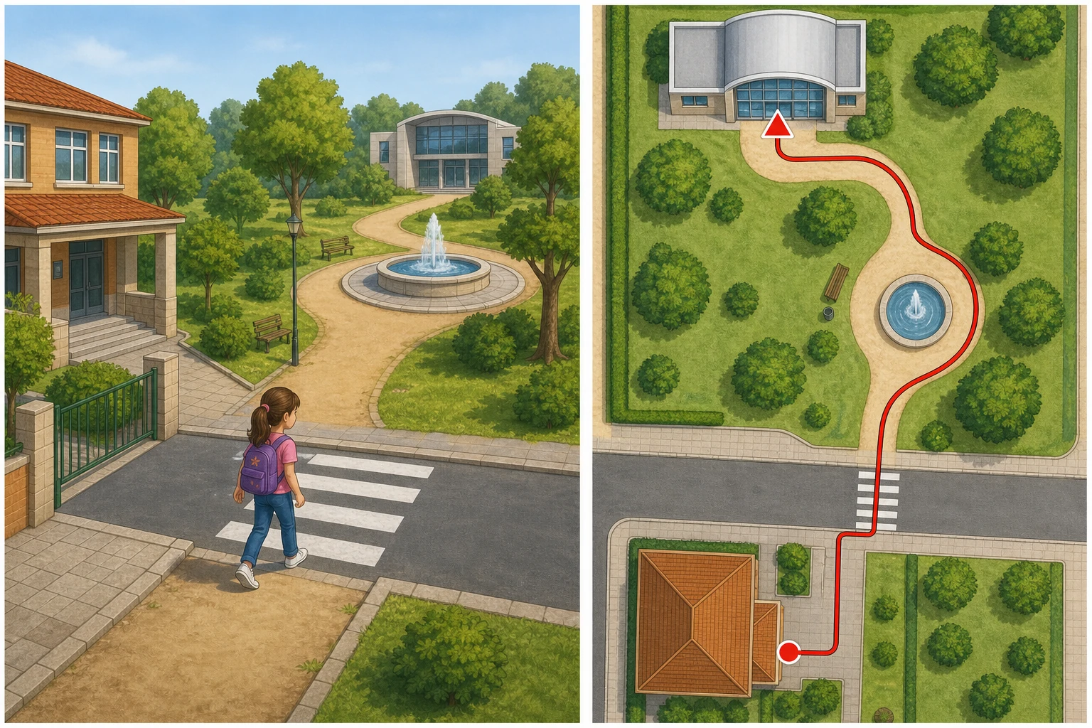 Dos paneles muestran la misma ruta desde una escuela hasta una biblioteca: cruza por un paso de peatones y bordea una fuente en un parque; el segundo panel ofrece el plano cenital.