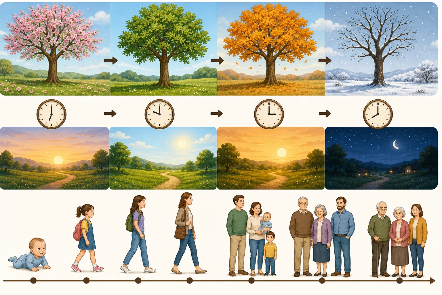 Tres secuencias sin texto muestran un árbol en cuatro estaciones, cuatro momentos de un día y una línea con etapas de crecimiento y grupos de distintas generaciones.