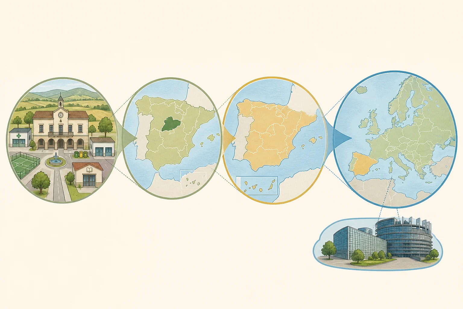 Cuatro círculos conectan servicios municipales, una comunidad autónoma dentro de España, el conjunto del Estado y España dentro de Europa, con un edificio institucional europeo separado.