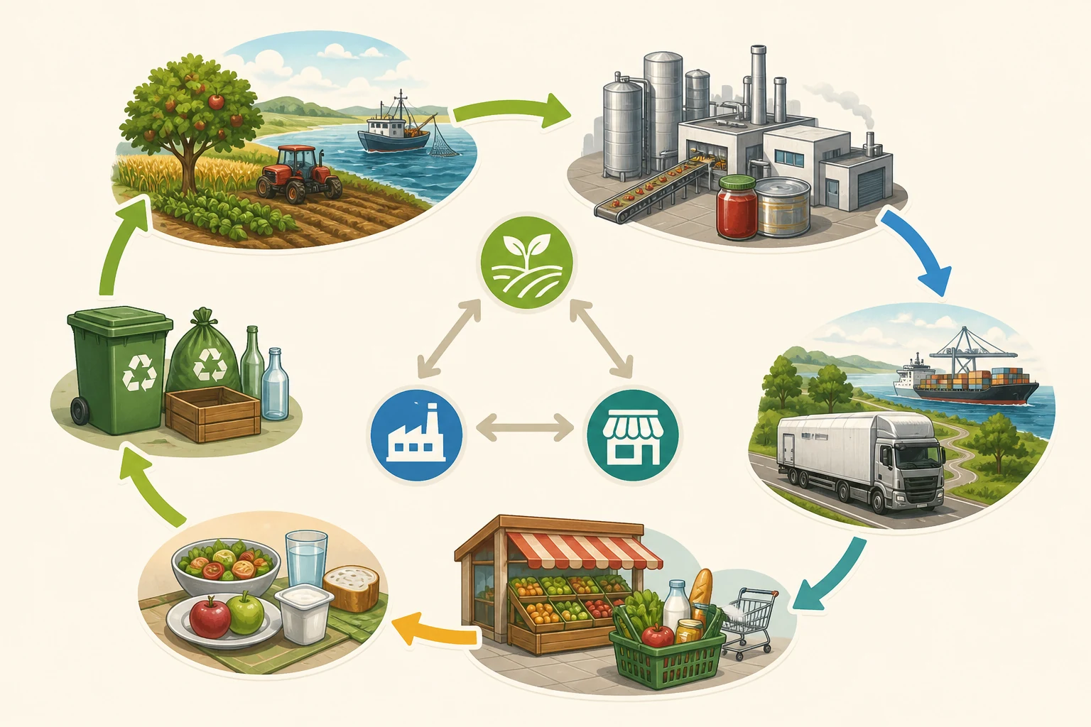 Cadena circular de alimentos con cultivo y pesca, fábrica, transporte marítimo y por carretera, comercio, consumo y recuperación de materiales conectados por flechas.