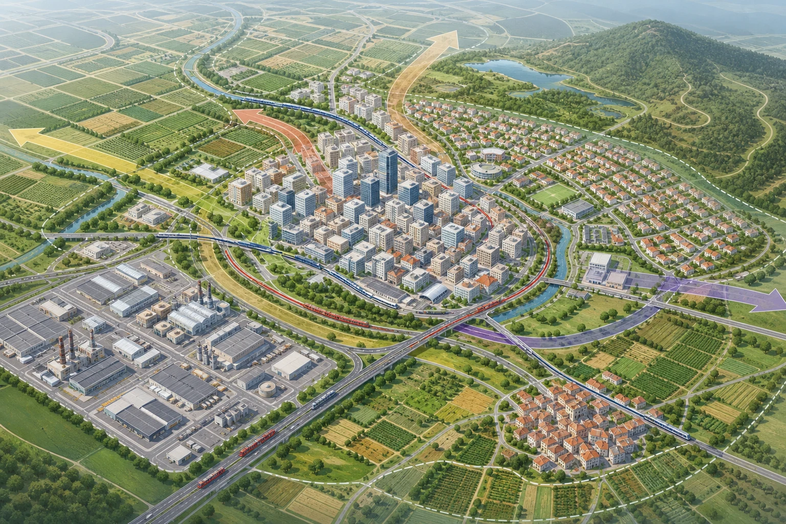 Vista aérea oblicua con centro urbano denso, barrios periféricos, polígono industrial, huertas, pueblo, ferrocarril, carreteras y espacio natural conectados.