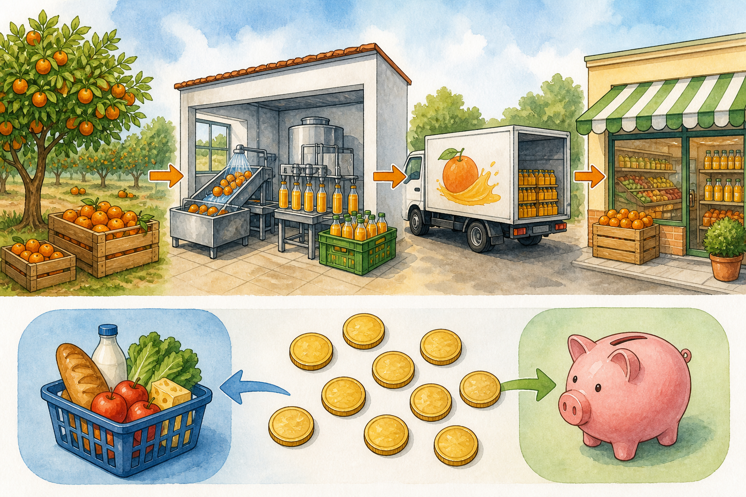 Ilustración sin rótulos con un naranjal, una planta que transforma fruta en zumo, transporte y tienda; debajo, monedas separadas entre un gasto necesario y un pequeño ahorro.