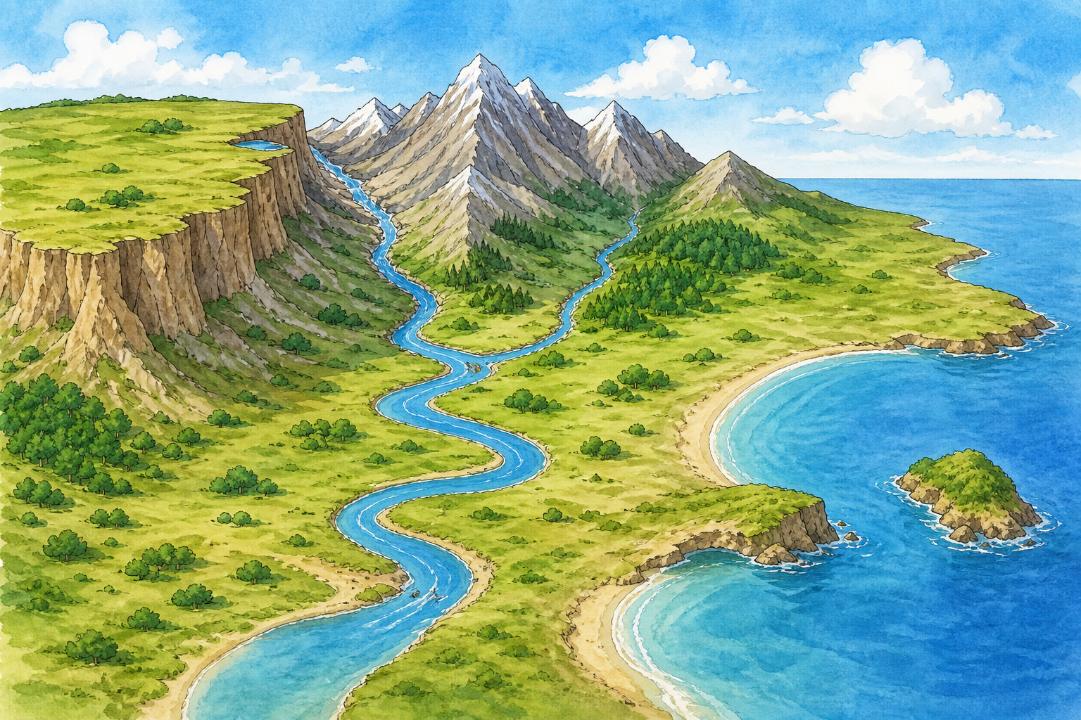 Paisaje panorámico sin rótulos con meseta elevada, montaña, valle, llanura, río principal, afluente y costa con bahía, cabo e isla.