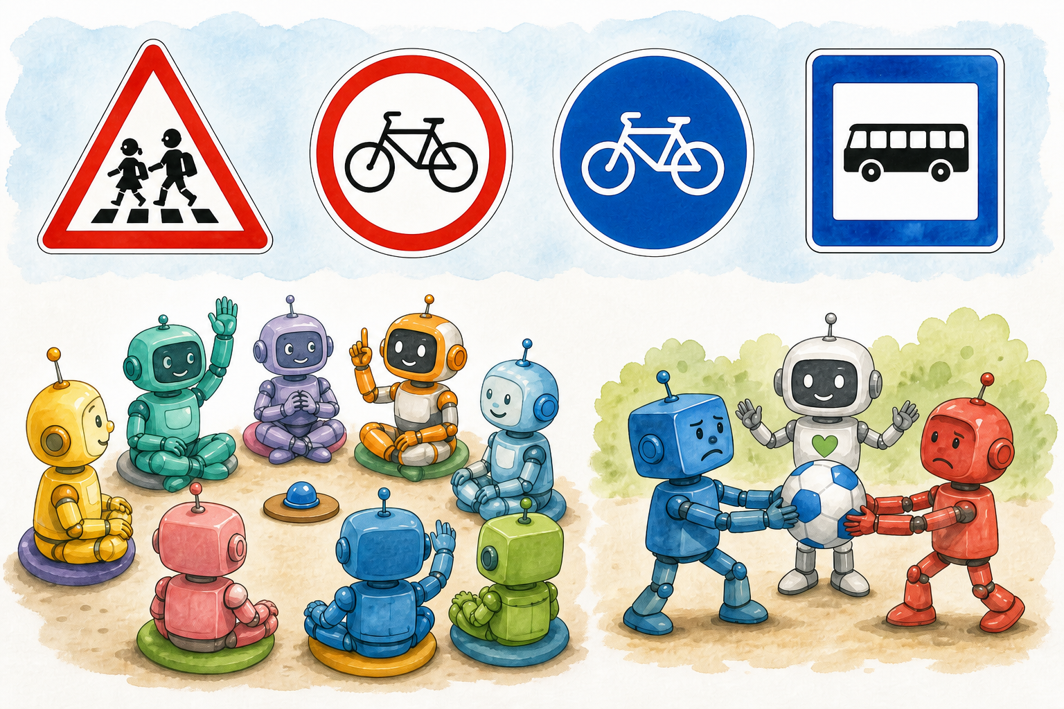 Composición sin texto con cuatro señales de formas distintas, una asamblea de robots que respeta turnos y una mediación entre dos robots junto a un objeto compartido.
