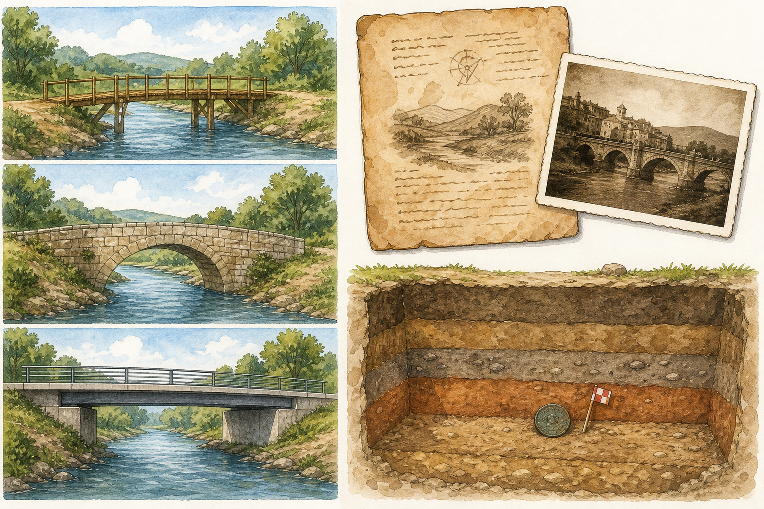 Ilustración sin rótulos con tres viñetas del mismo paso fluvial —puente de madera, puente de piedra y paso moderno—, una carta y una fotografía antiguas, y un corte arqueológico con una moneda registrada en su capa.