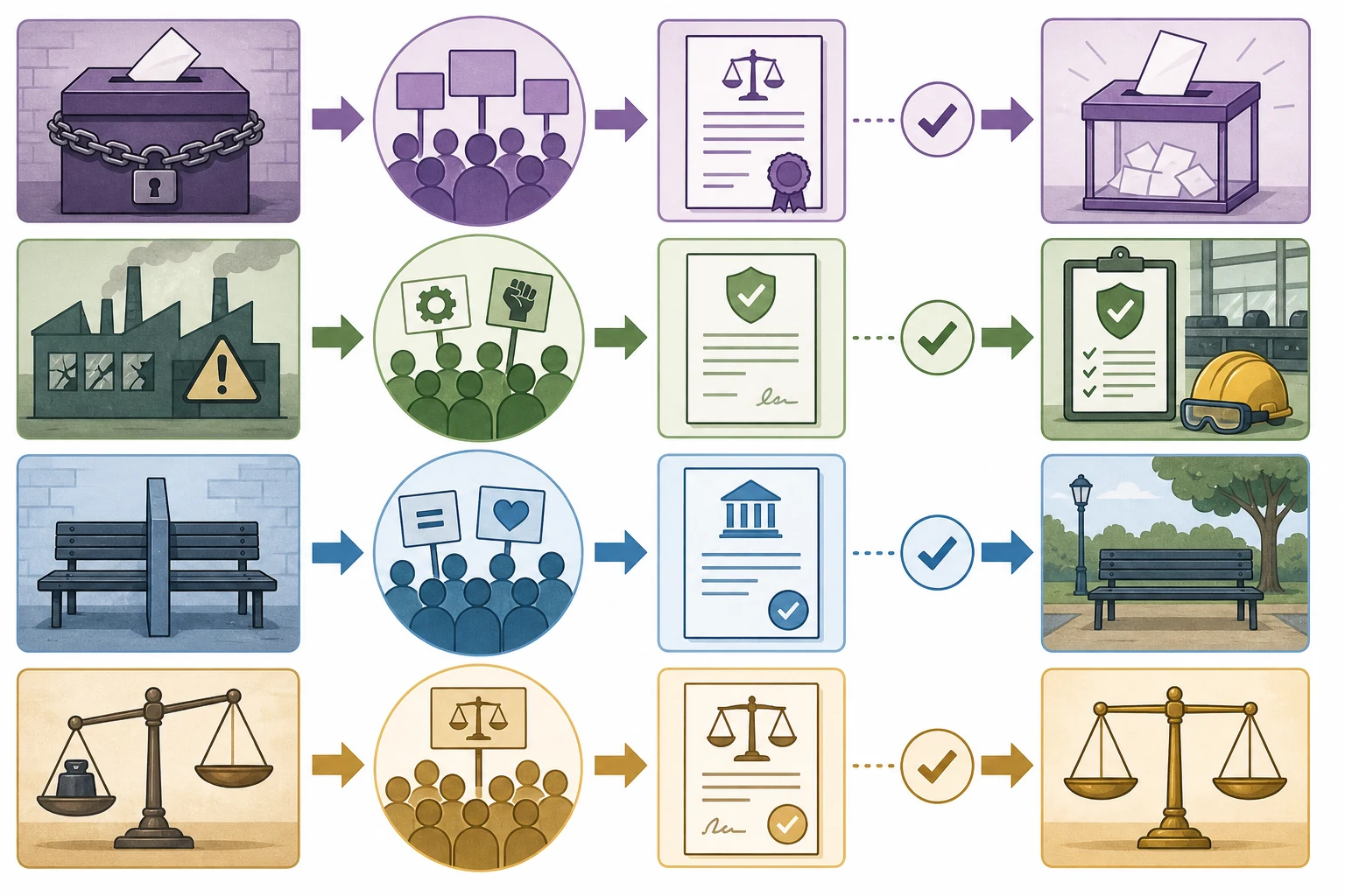 Cuatro carriles muestran una demanda compartida, organización colectiva con pictogramas, movilización mediante petición y reunión, reconocimiento jurídico y comprobación de acceso real.