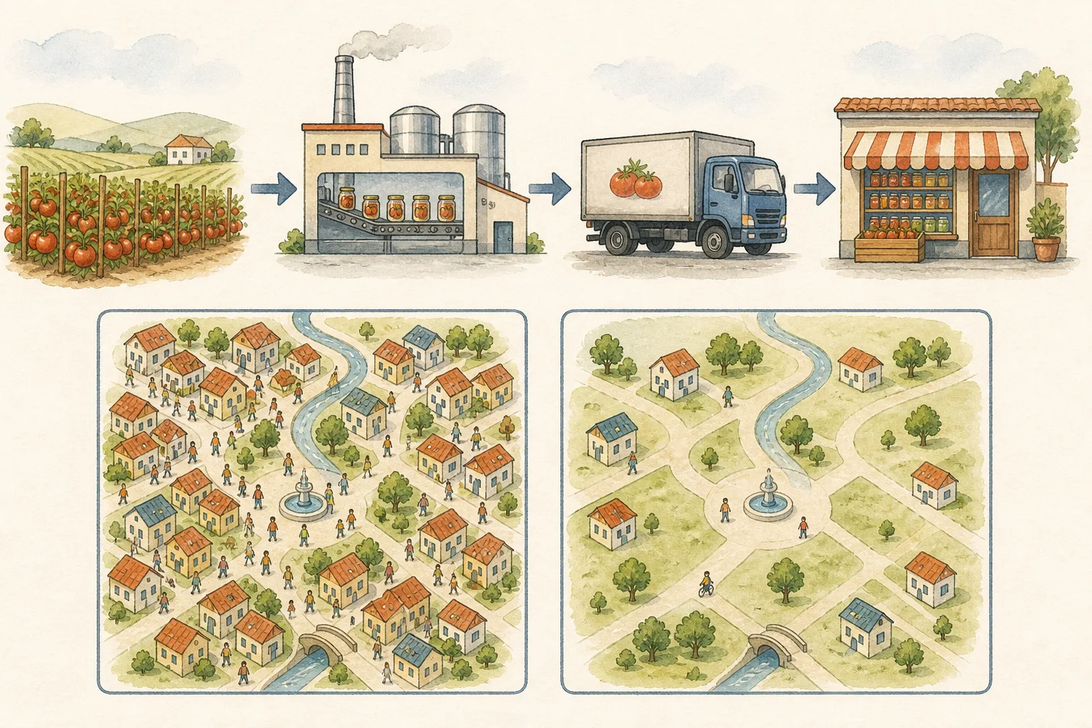 Una cadena visual muestra un campo de tomates, una fábrica que los envasa, un camión y una tienda; debajo, dos territorios del mismo tamaño contienen diferente número de viviendas para comparar densidad.