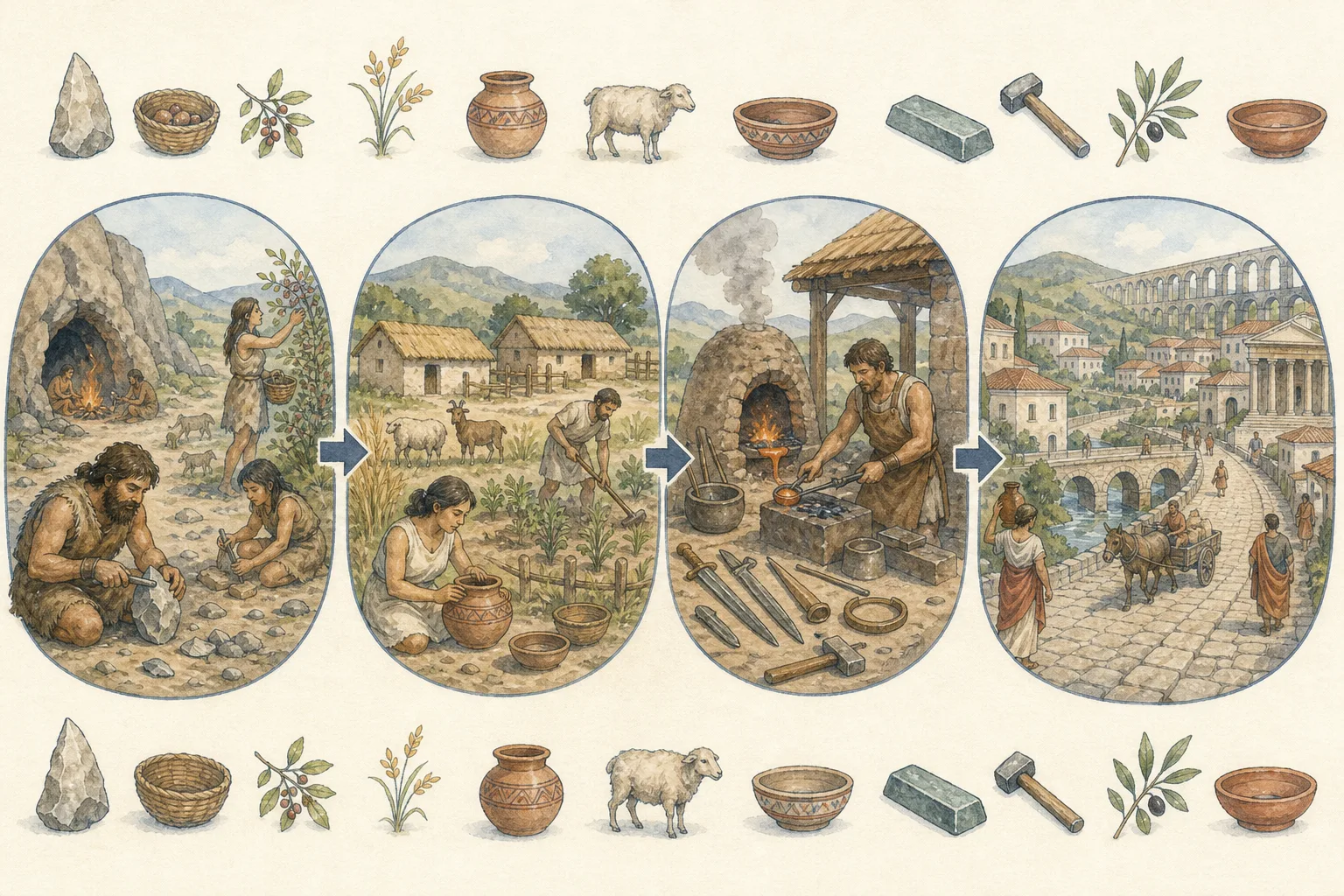 Secuencia de cuatro escenas: campamento paleolítico con talla de piedra, poblado neolítico con cultivo y cerámica, taller metalúrgico y ciudad de Hispania con calzada y acueducto; flechas anchas muestran cambios y continuidades.