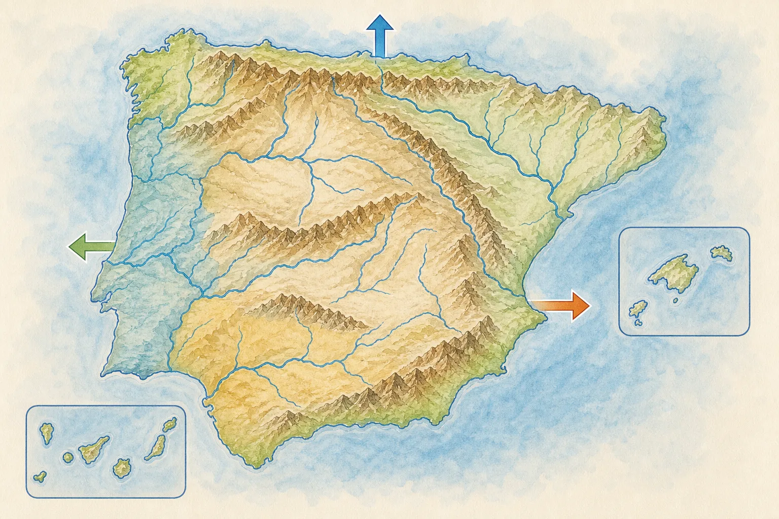 Mapa físico didáctico de la España peninsular con una meseta central elevada, cordilleras periféricas, dos grandes depresiones y ríos que alcanzan el Cantábrico, el Atlántico y el Mediterráneo.