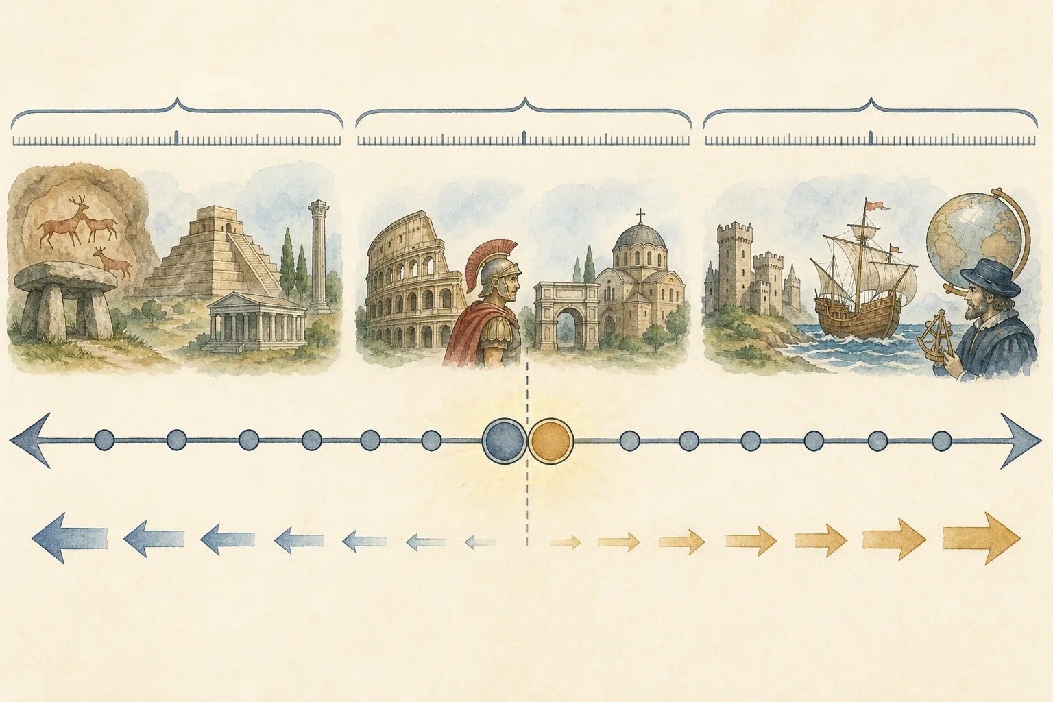 Una línea del tiempo horizontal se divide en tramos iguales; a la izquierda, varias flechas disminuyen hacia dos puntos centrales contiguos, y a la derecha las flechas crecen al alejarse de ellos.