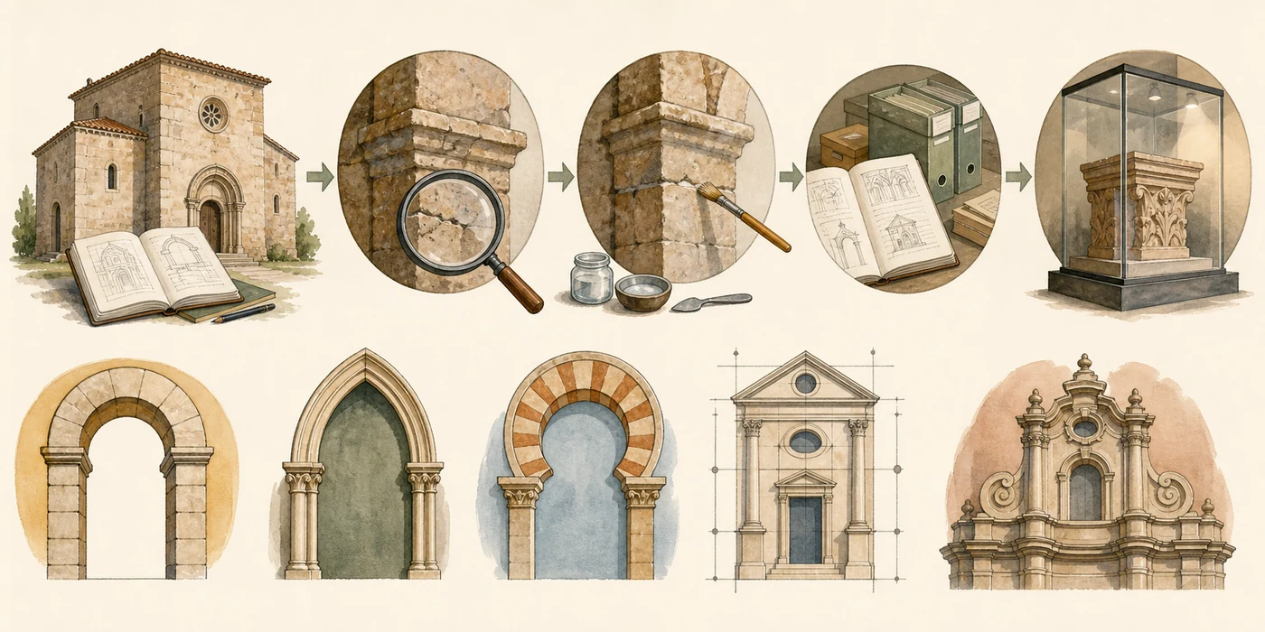 Secuencia sin personas de documentación, inspección, intervención mínima, archivo y exposición, junto a cinco comparaciones arquitectónicas de arcos y fachadas.