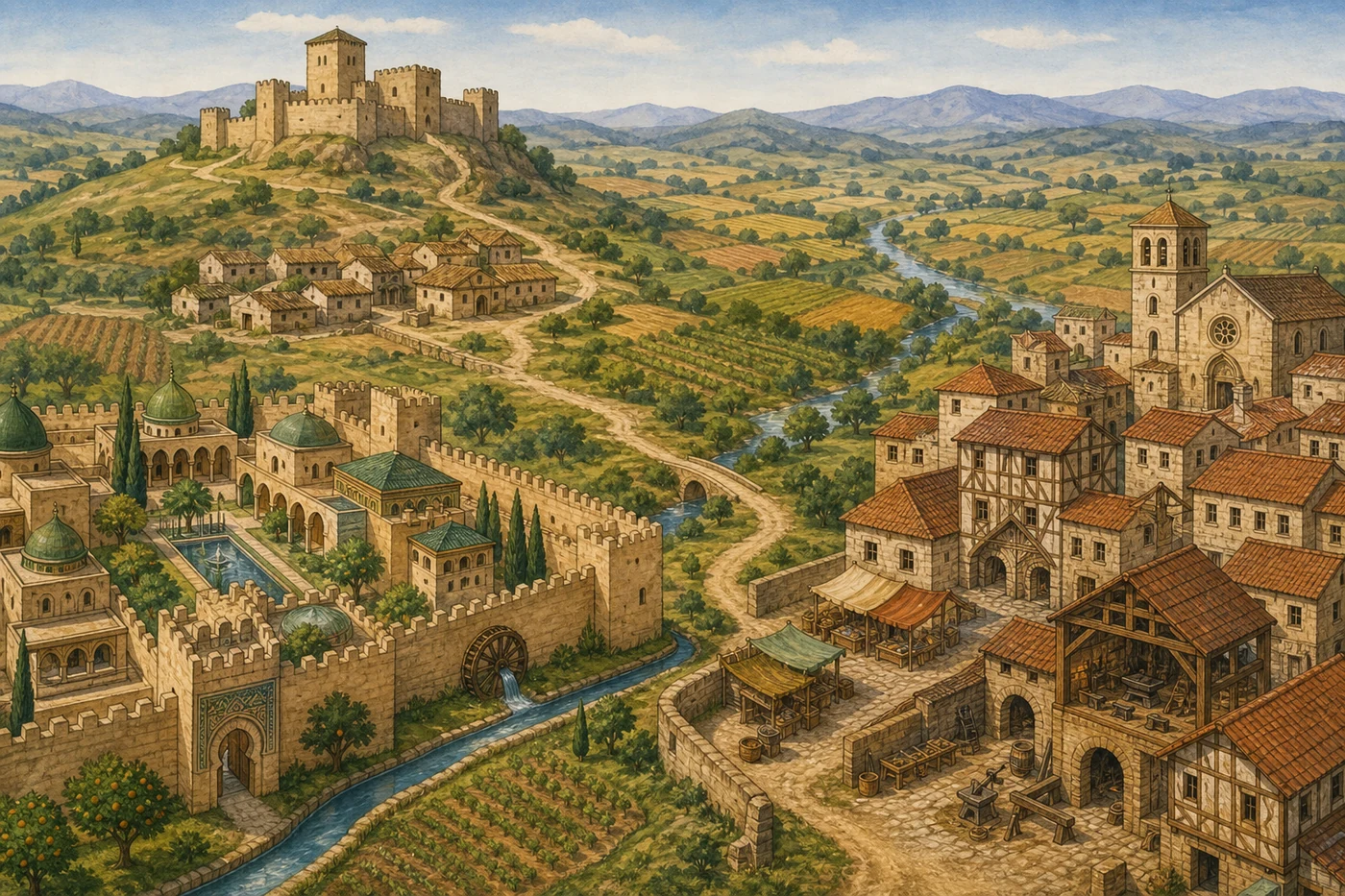 Reconstrucción genérica sin personas con ciudad andalusí irrigada, ciudad cristiana con mercado y taller, castillo, aldea, campos y un camino entre espacios.