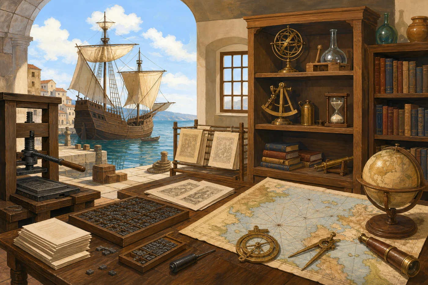 Reconstrucción genérica sin personas de un puerto con nave, taller de imprenta, tipos móviles, mapas, libros e instrumentos de navegación y observación.