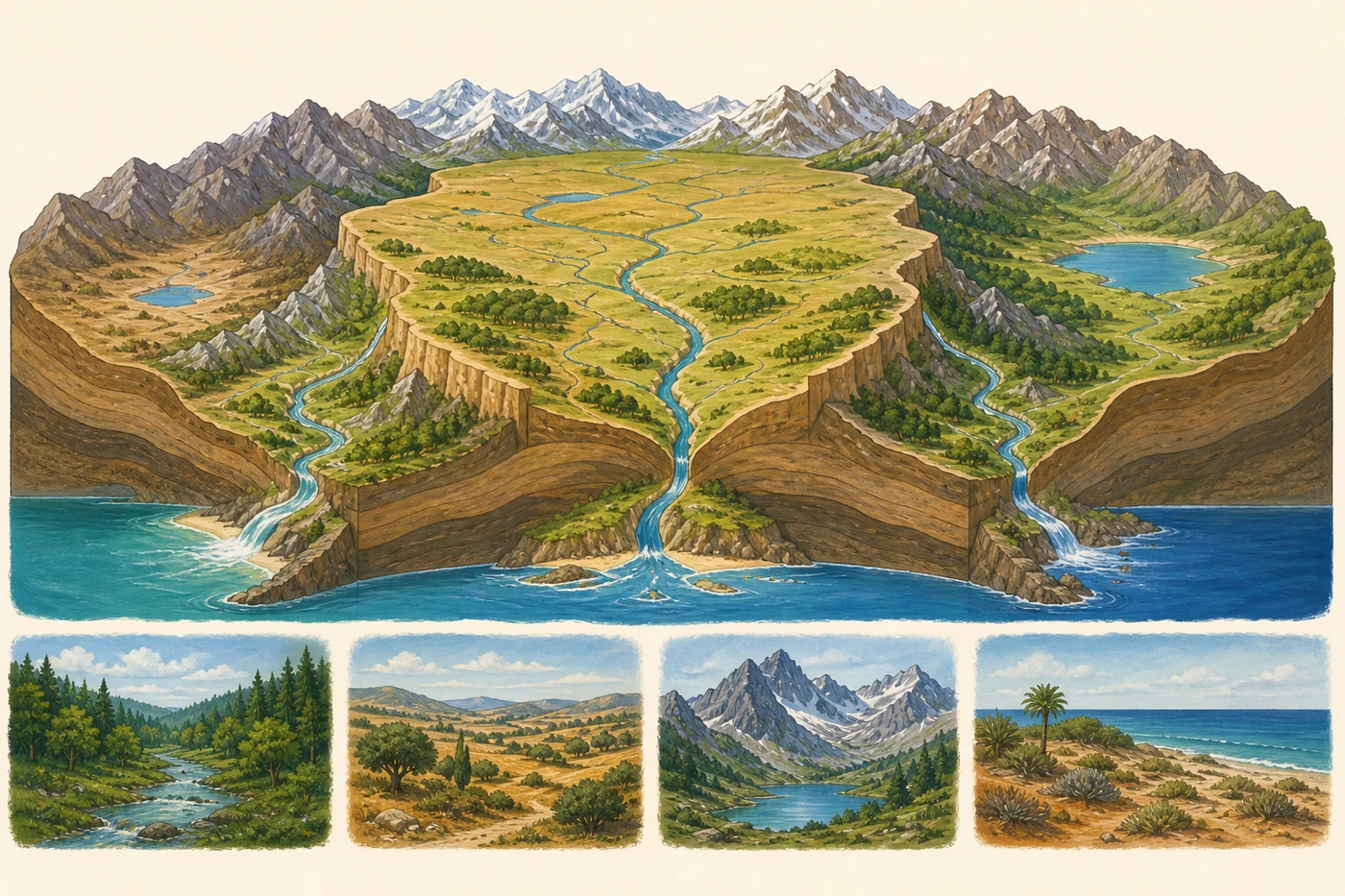 Corte paisajístico conceptual con una meseta central elevada, cordilleras, depresiones, ríos que desembocan en tres costas y cuatro paisajes climáticos separados.