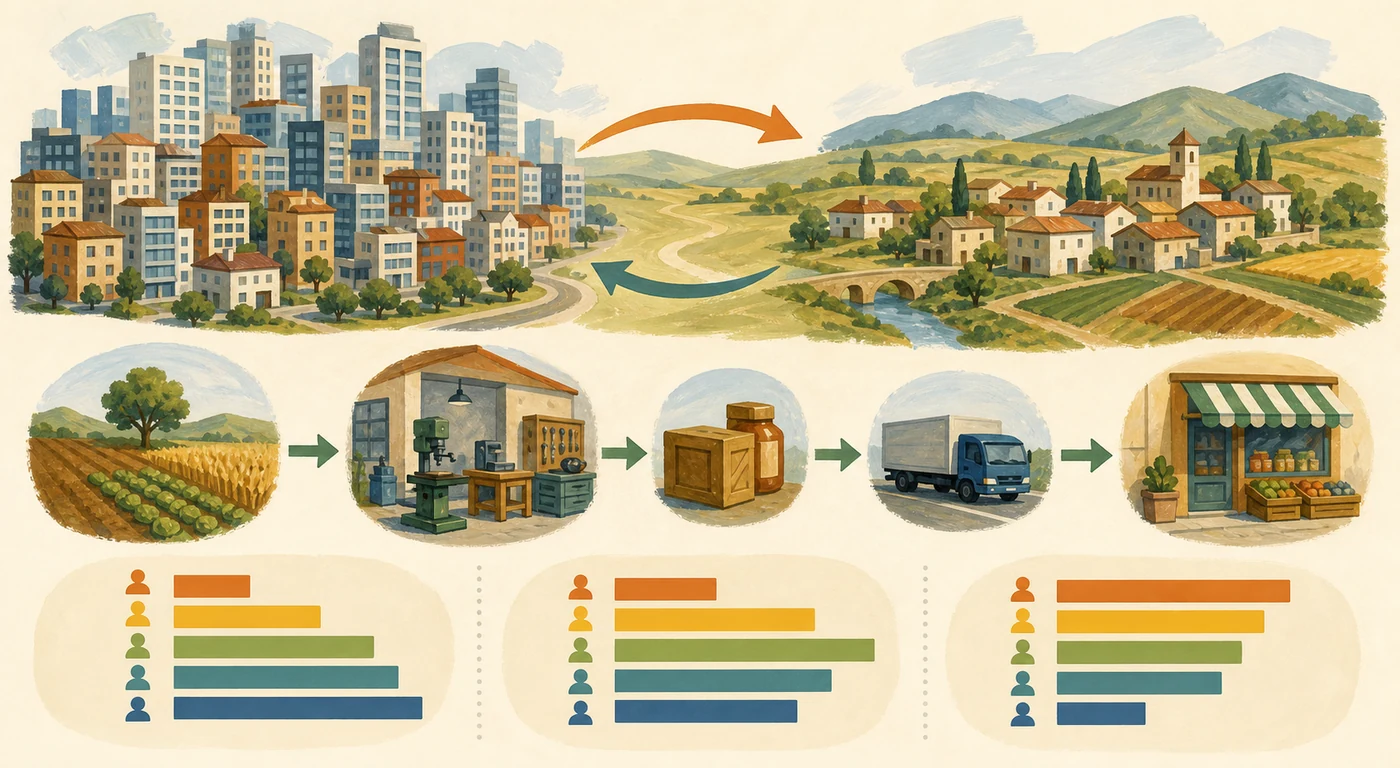 Composición con ciudad y localidad rural conectadas en ambos sentidos, una cadena de cultivo, taller, producto, transporte y tienda, y tres distribuciones de edades sin cifras.