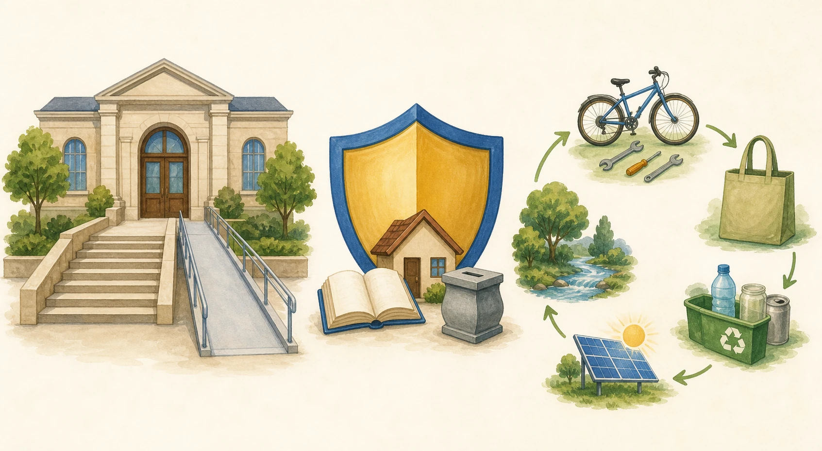 Edificio público con escaleras y rampa hacia la misma puerta; escudo que protege una vivienda, un libro y una urna; ciclo de reparación, reutilización, reciclaje, energía solar y naturaleza.