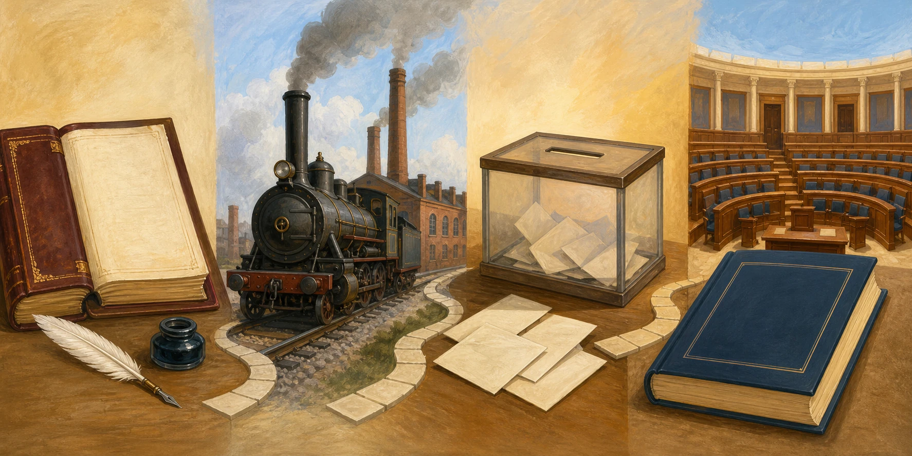 Escena simbólica con un libro constitucional antiguo y pluma, una locomotora ante fábricas, una urna electoral y un libro constitucional moderno ante un hemiciclo.