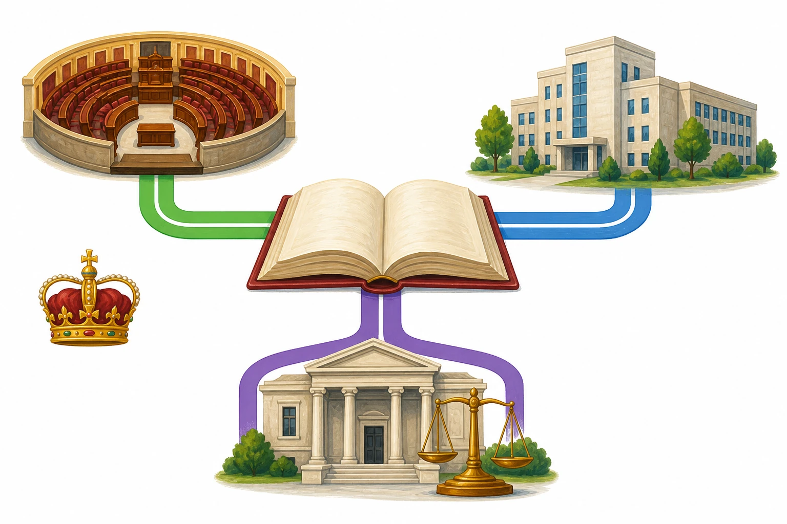 Un libro constitucional central se conecta con un hemiciclo parlamentario, un edificio de gobierno y un tribunal; una pequeña corona aparece separada como símbolo de la Jefatura del Estado.