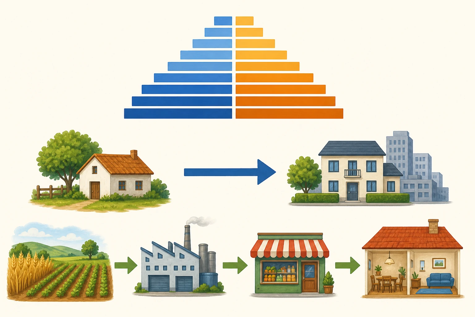 Pirámide de barras por edad, flecha desde una vivienda rural hacia una ciudad y cadena de campo agrícola, fábrica, comercio y hogar.