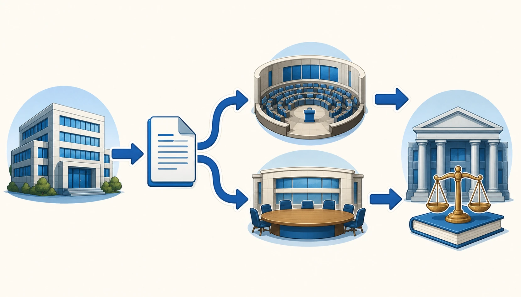 Diagrama sin texto: un edificio administrativo origina un documento que se divide hacia un hemiciclo y una mesa ministerial; al final aparecen un tribunal, un libro y una balanza.