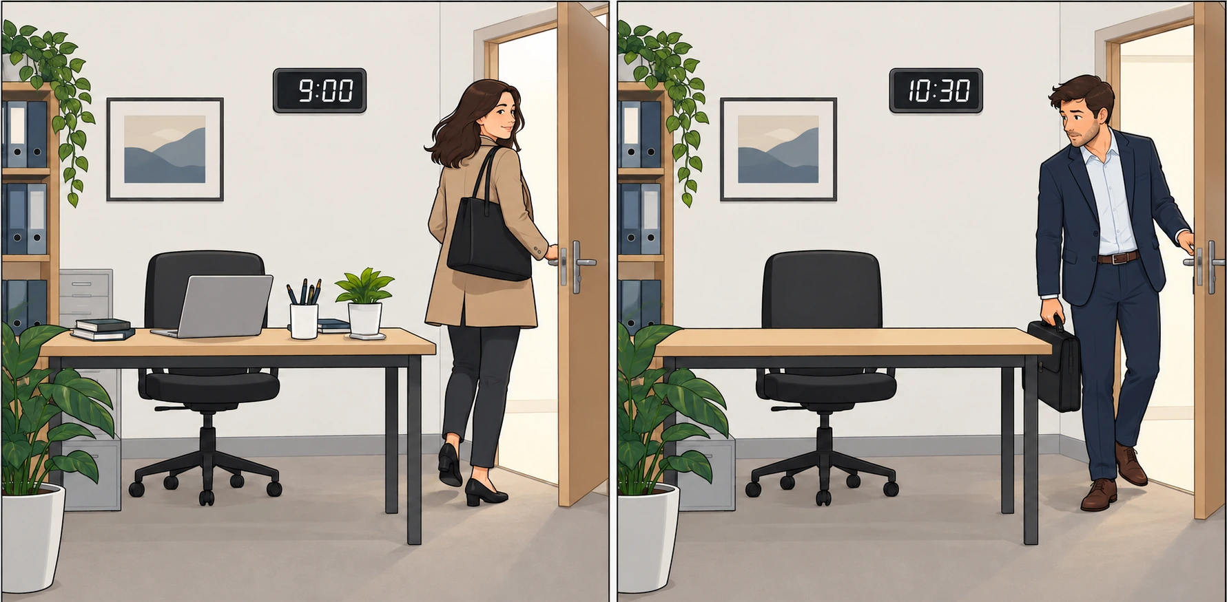 Two scenes in the same office: a woman leaves at 9:00 and a man arrives at 10:30; the desk is empty in the second scene.