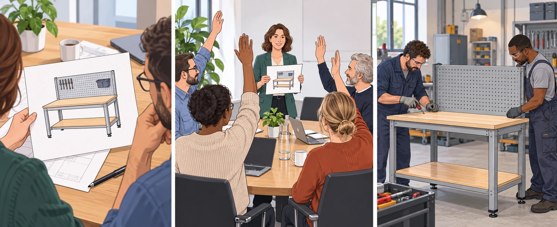 Tre scene: studiare il disegno di un banco da lavoro, votare in una riunione e montare il banco in officina.