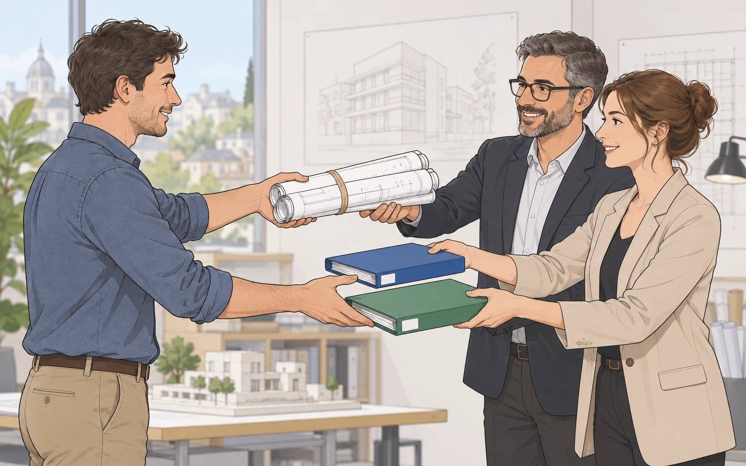 Tre persone si scambiano progetti arrotolati e cartelle blu e verde in un ufficio.