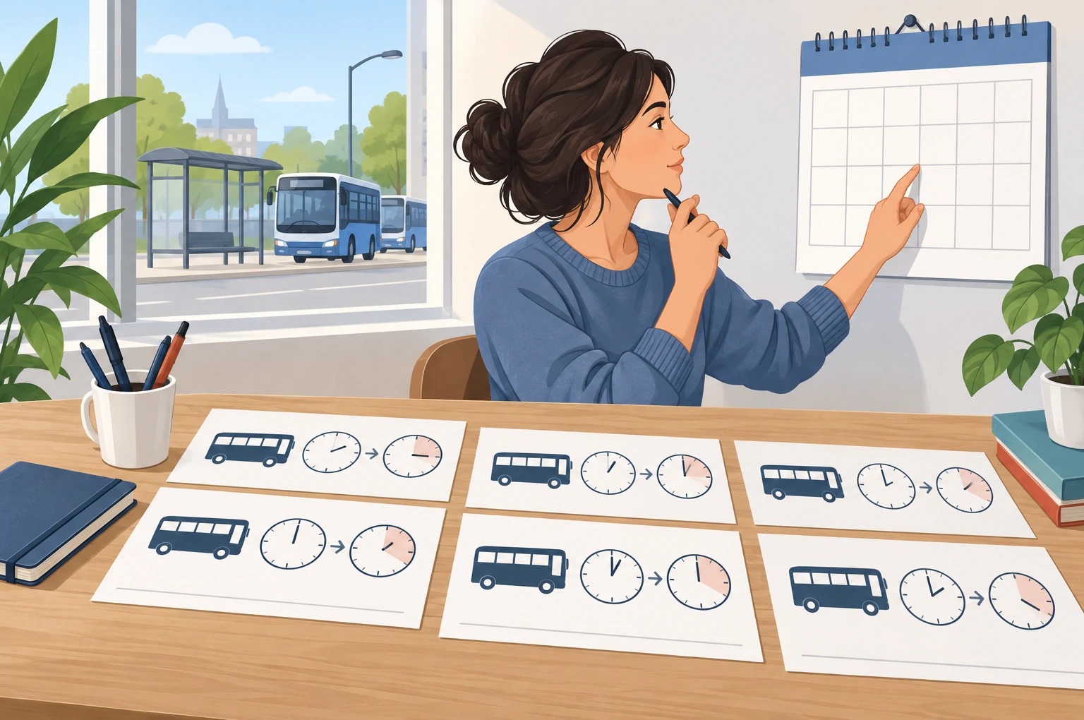 A woman points at a blank calendar and compares six cards showing buses and clocks; a bus stop is outside.